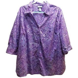 Catherines Size 3X 26/28W Purple Batik Print Button Up Shirt Half Sleeve Cotton